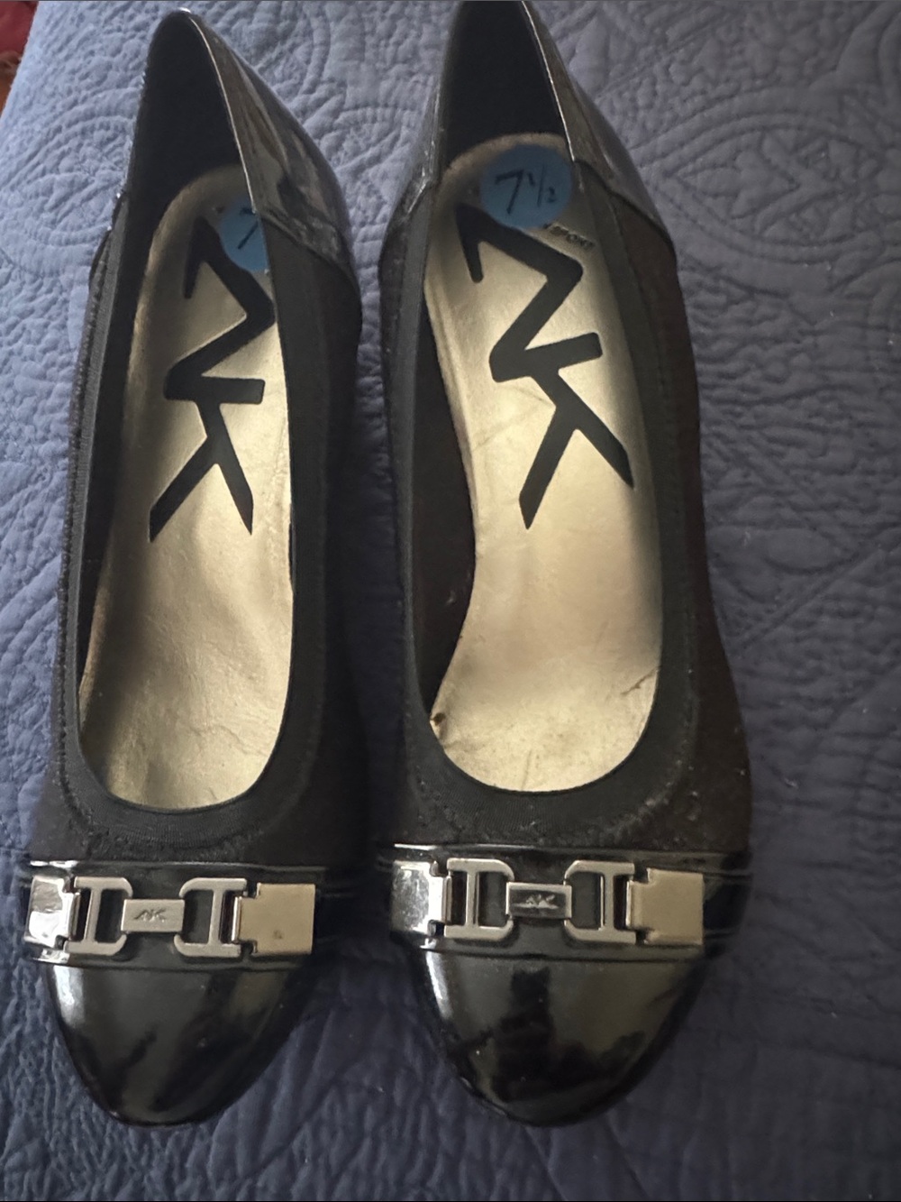 Anne Klein Black Patent & Suede Ballet Flats with Silver Hardware